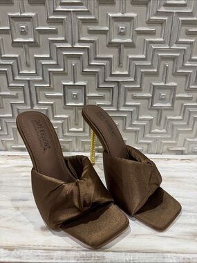 Cape Robbin Brown Satin Knot Mule with Gold Crystal Heel